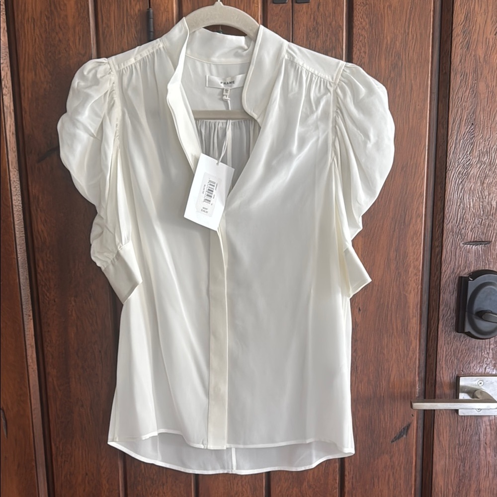 Frame Denim Cream Puff Sleeve Blouse with Ruched Details